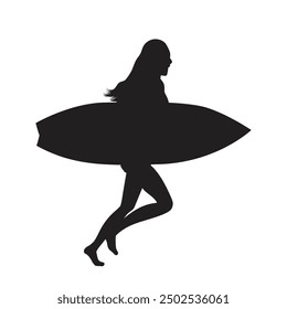 Running surfer woman with surfboard. Vector silhouette illustration
