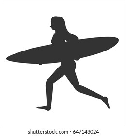 Running surfer woman with surfboard. Vector silhouette illustration