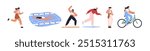 Running, swimming, stretching exercise, ice skating, fitness, cycling set. Active woman, different sports activities. Female workout, training. Flat vector illustration isolated on white background