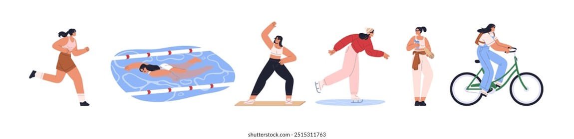 Laufen, Schwimmen, Stretching, Eislaufen, Fitness, Radfahren. Aktive Frau, verschiedene sportliche Aktivitäten. Frauen Training, Training. Flache Vektorgrafik einzeln auf weißem Hintergrund