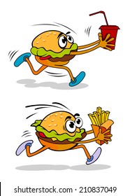 Running takeaway cartoon burger in two variations, one carrying a soda in a cup and the other a packet of French fries, vector illustration on white