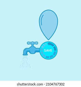 Running tap water with upside down drop as exclamation mark. Amount of water use awareness concept. Vector illustration outline flat design.
