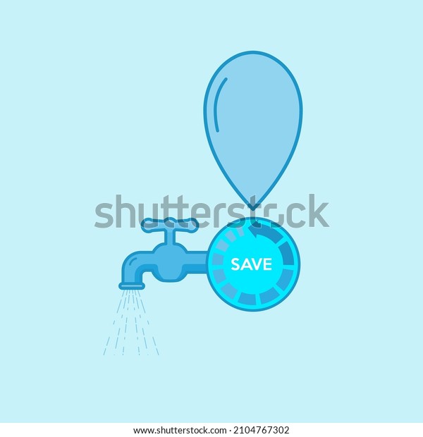 Running tap water with upside down drop as\
exclamation mark. Amount of water use awareness concept. Vector\
illustration outline flat\
design.