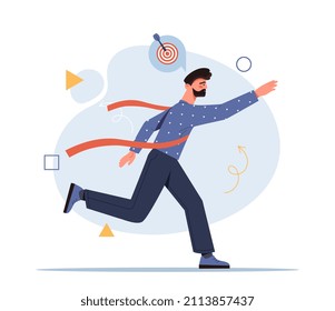 Running to target. Purposeful character, man runs towards his goal. Employee wants promotion, aspiring entrepreneur wants his company to grow, motivation picture. Cartoon flat vector illustration