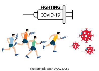 Running team fight virus concept. People wear facemask during covid-19 and flu outbreak. Virus and illness protection