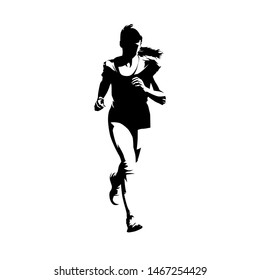 Running teen girl, front view, isolated vector ink drawing silhouette. Running people