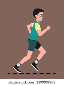 Running teenage boy. Happy boy leading active lifestyle and doing cardio workout outdoors. Character jogging and doing physical exercises. Sports and active lifestyle. Cartoon flat vector illustration