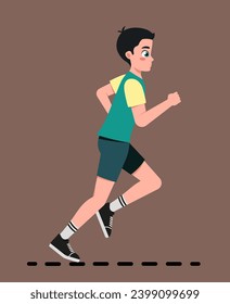 Running teenage boy. Boy runs or sprints fast. Happy teenager jogging for cardio workout. Sports, activity and outdoor training. Character leads healthy lifestyle. Cartoon flat vector illustration