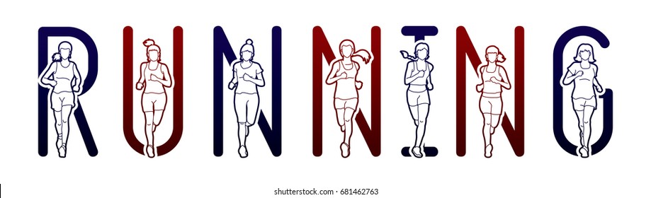 Running text font design, Marathon runners, Group of people running, Women running graphic vector.