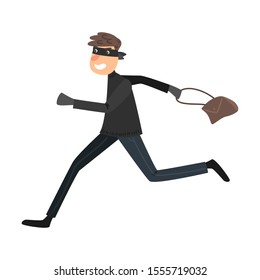 Running thief in a black mask with the stolen handbag. Vector illustration in flat cartoon style.