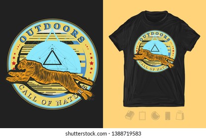 Running tiger. Outdoor. Call of nature slogan. Jumping panther, mystical sacred geometry. Print for t-shirts and another, trendy apparel design