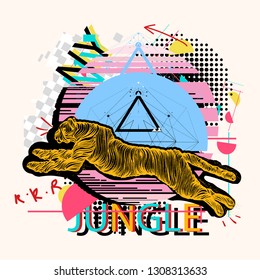 Running tiger. Zine culture style. Hand drawn vector art, fashion contemporary collage. Jumping panther, mystical sacred geometry 
