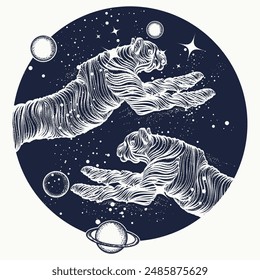 Running tigers in universe. Love tattoo, line art style. Jumping panther, mystical, sacred geometry. Symbol of harmony, lovers, travel, tourism, adventure t-shirt design