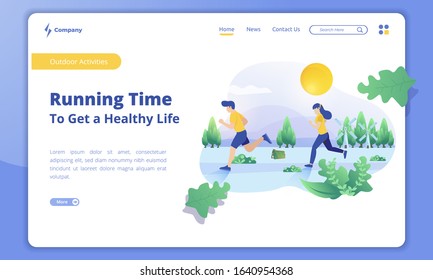 Running time illustration with outdoor activities concept on the landing page