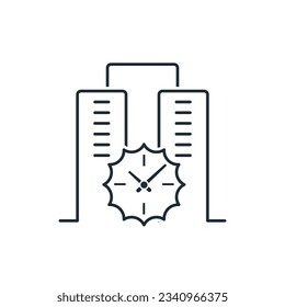 Tiempo de ejecución en el fondo de los edificios de negocios. Económico, centro financiero de oportunidades, ofrece.Icono lineal vector aislado en fondo blanco.