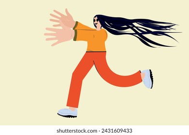 Corriendo hacia. La mujer es feliz y corre hacia algo y abre los brazos en celebración. El lado del perfil de cuerpo completo de la muchacha alegre corre salta las manos abiertas llevan ropa casual aislada en blanco.