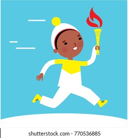 Running torchbearer. Winter Games 2020 in tokyo. Vector illustration.