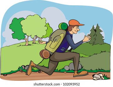 running a tourist with a backpack - landscape