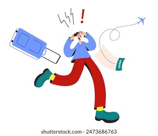 Running tourist with luggage late on plane flight. Shocked man running for plane in airport, going on summer vacation