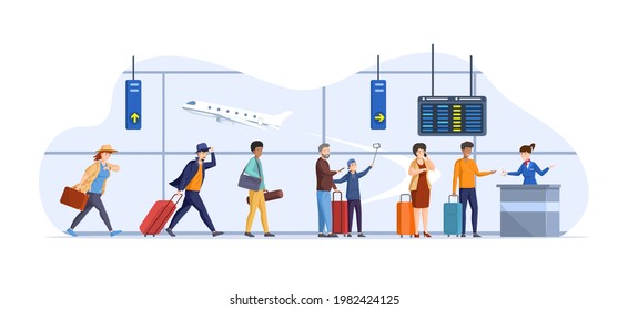 Running tourists delay to flying departure at airport interior. Different people with luggage suitcases in queue to flight attendant behind airport check in counter. Last call aircraft boarding vector