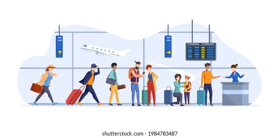 Running Tourists Delay To Flying Departure At Airport Interior. Different People With Luggage Suitcases In Queue To Flight Attendant Behind Airport Check In Counter. Last Call Aircraft Boarding Vector