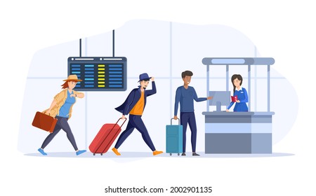 Running tourists delay to flying departure at airport interior. People with luggage suitcases in queue to flight attendant behind airport check in counter, verification of documents cartoon vector