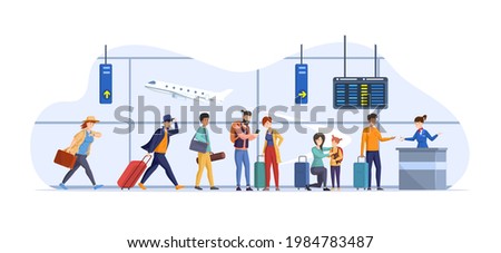 Running tourists delay to flying departure at airport interior. Different people with luggage suitcases in queue to flight attendant behind airport check in counter. Last call aircraft boarding vector