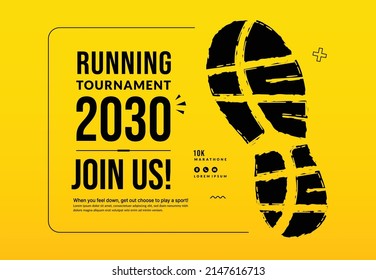 Running tournament poster template with foot print isolated on white background, Minimal competition invitation in flat style