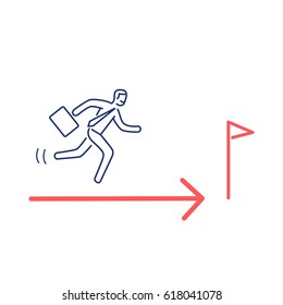 Running towards to goal. Vector illustration of businesman on the way to finish | modern flat design linear concept icon and infographic red and blue on white background