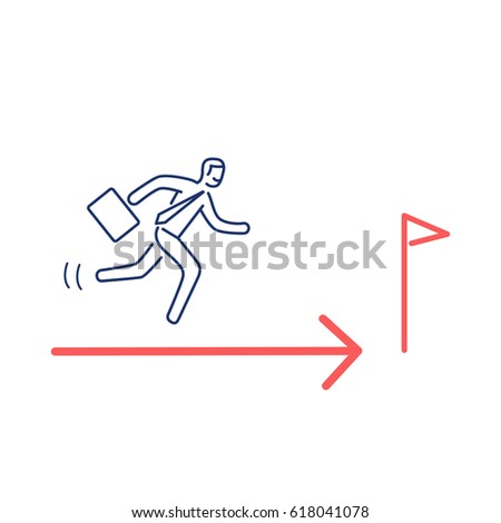 Running towards to goal. Vector illustration of businesman on the way to finish | modern flat design linear concept icon and infographic red and blue on white background