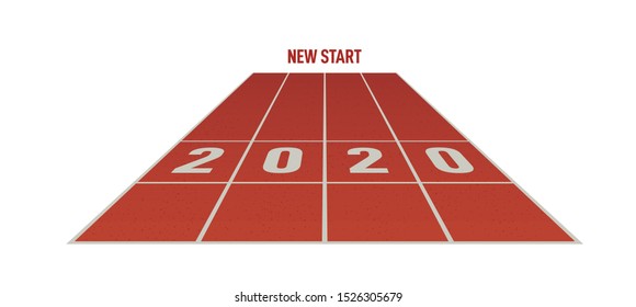 Running track with 2020 numbers. Treadmill symbolize new start in 2020 and new business goals, purposes and aims.  Sport competitions and new start. Vector illustration