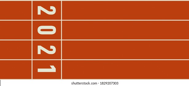 Running track with 2021 numbers. Treadmill symbolize new start in 2021 and new business goals, purposes and aims. Sport competitions, race or marathon or new start. Vector illustration