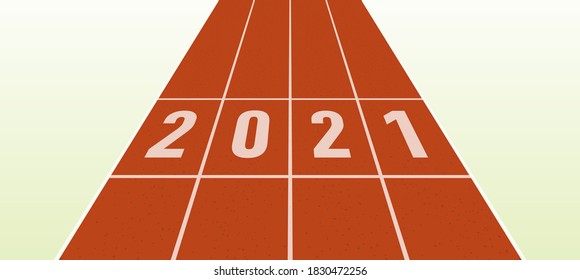 Running track with 2021 numbers. Treadmill symbolize new start in 2021 and new business goals, purposes and aims. Sport competitions, race or marathon or new start. Vector illustration