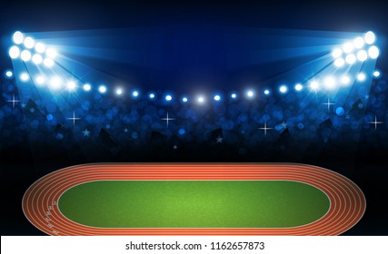 Running track arena field with bright stadium lights vector design and information scoreboard. Vector illumination