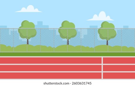 Running track and green field scene. Running sport concept. Vector stock