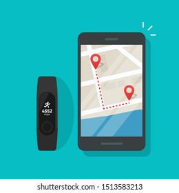 Ruta de vía en el mapa de teléfonos móviles o celulares conectados a una pulsera inteligente o un vector de muñeca, teléfono inteligente de caricatura plana con la dirección del navegador GPS de la ciudad o tecnología de seguimiento