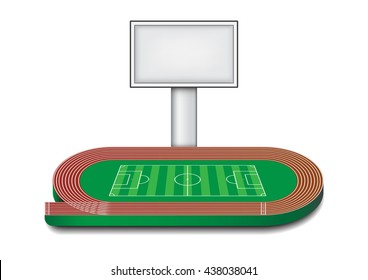 running track and soccer  field with blank scoreboard Vector illustration