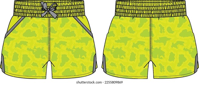 Running trail Shorts jersey design vector template, Short shorts concept with front and back view for Kick boxing, fight, wrestling, martial arts and tracking active wear shorts design.