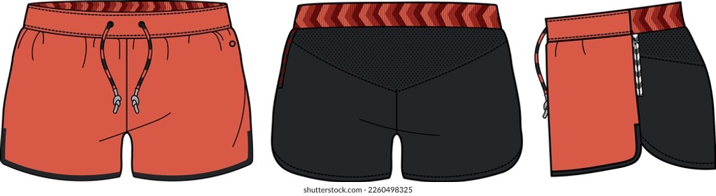 Laufende Trail Shorts Jersey Design Vektorvorlage, Short Shorts Konzept mit Front- und Rückansicht für Kick Boxen, Kämpfen, Ringkämpfen, Kampfkünsten und Tracking Active-Shorts Design.