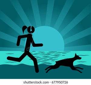 Running training with a dog at sunset