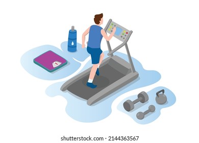 running treadmill man with exercise tools with modern isometric style