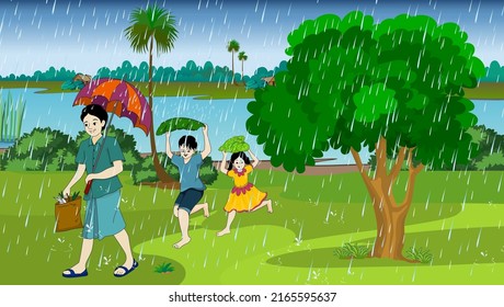 Mit einem Regenschirm und einem Pflanzenblattkopf im Regen laufen - Abbildung