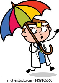 Running with Umbrella - Professional Cartoon Doctor Vector Illustration