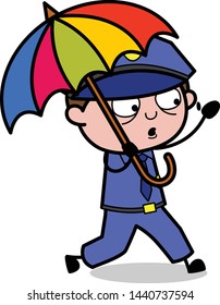 Running with Umbrella - Retro Cop Policeman Vector Illustration