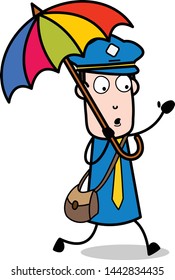 Running with Umbrella - Retro Postman Cartoon Courier Guy Vector Illustration