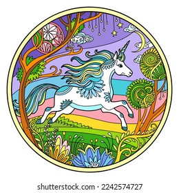 Running unicorn in flower frame round shape. Color picture with fantasy horse drawn in tangle style. Antistress freehand sketch drawing. Vector illustration. For jigsaw, design, puzzle, print, decor