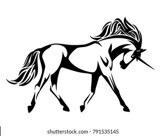 running unicorn horse - black and white side view vector design