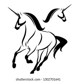 running unicorn horse and fantasy animal profile head black and white vector outline