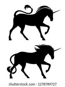 running unicorn horses black vector silhouette set on white - speeding fairy tale animals design