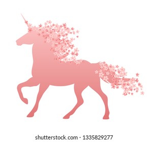 running unicorn with mane and tail decorated with sakura flowers - magic horse with spring season blossom isolated vector silhouette